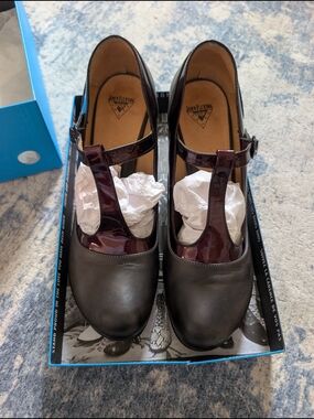John Fluevog Black Leather T-Strap Heels with Dark Burgundy Patent Accents